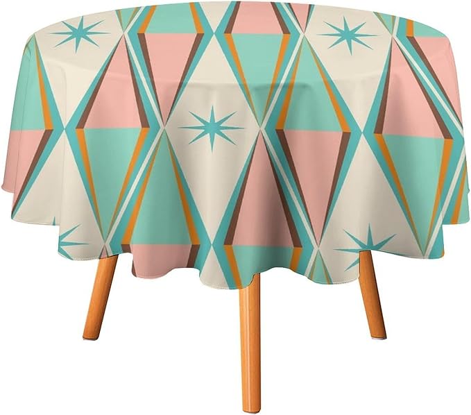 Mid Century Round Tablecloth, Vintage Bohemian Modern Mid-Century 50s 60s Print Tablecloth for Home Party Dining Room Kitchen Decor 60Inch(152cm)
