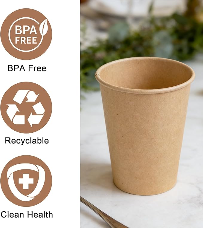 200 Pack 10 oz Kraft Paper Cups, Disposable Paper Coffee Cups, Brown Unbleached Drinking Cups for Hot/Cold Beverage, Home, Party, Cafes, Office, Bistros, Businesses