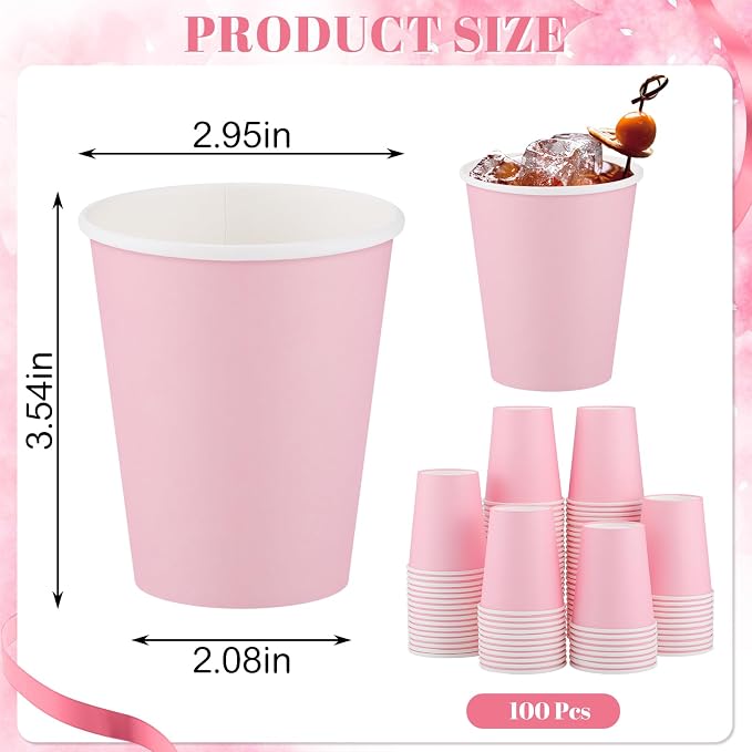 NatNarr 100 Pack Pink Paper Cup, 9oz Pink Party Cups Drinking Cups | Disposable - Image 2