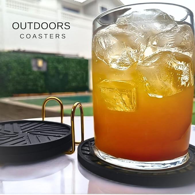 Black Silicone Coasters Set of 6 with Gold Holder - Smart and Modern Design That Holds Your Drink’s condensations, Protecting Your Coffee Table, Perfect Decor for Home, Office, bar