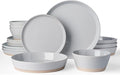 Famiware Saturn 16 Pieces Plates and Double Bowls Sets for 4, Stoneware Dinnerware Set with Pasta Bowl, Dish Set with Trim - Chip & Scratch Resistant, Microwave & Dishwasher Safe, Light Gray