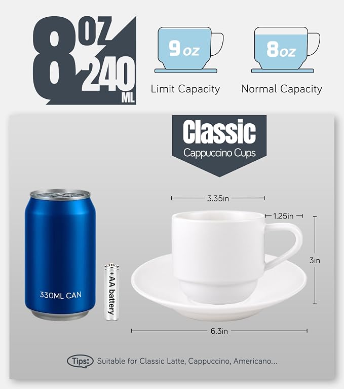 Lareina 8 Ounce Porcelain Cappuccino Cups Set of 4, Stackable Coffee Cups - Image 3