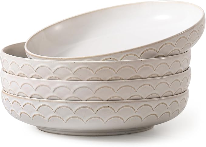 DOWAN Large Pasta Bowls Set of 4, 54 oz Embossment Salad Serving Bowls, Ceramic Plates, White Soup Bowl for Kitchen Meal Prep, Shallow Dishes Dinner Bowl Microwave Tableware