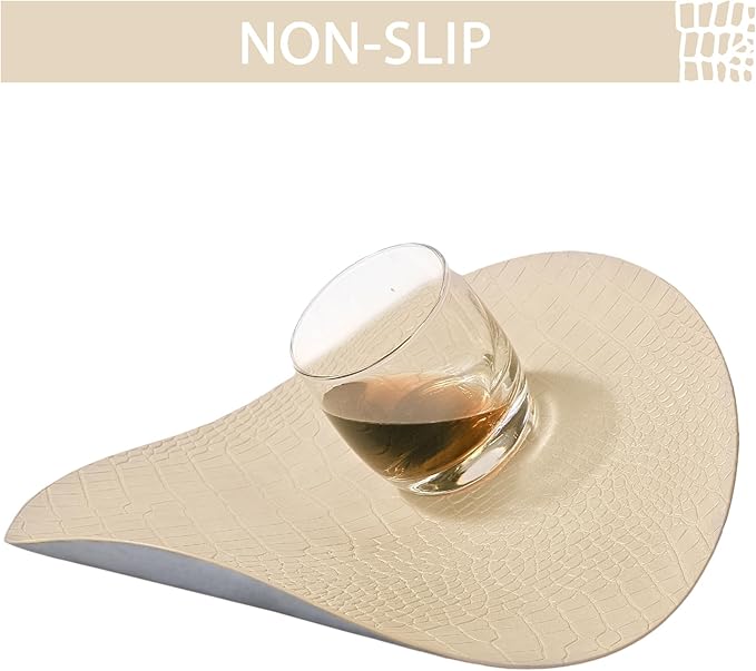 Jovono Round Leather Placemats for Round Tables Set of 8, Beige Place Mats and Coasters, Wipeable Waterproof Heat Resistant Table Mats Easy to Care for Indoor Decor 14 inch Diameter