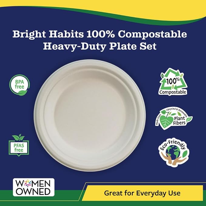 9” Compostable Plates, 125-Pack | Biodegradable Sugarcane | Sturdy, Microwave-Safe Disposable Plates for Parties & Events