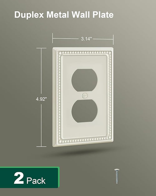 2-Pack Duplex Outlet Cover Plate, Light Almond Metal Wall Plates for Electrical Outlets, 1 Gang Receptacle Light Switch Cover, Pearls Decorative Switch Plates and Outlet Covers