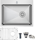 25x18 Inch Kitchen Sink, Commercial Grade 304 Steel Kitchen Sink, Centre-Offset Drain, 9" Deep Single Bowl Kitchen Sinks, Brushed(Inclued Bottom Grid & Drain Strainer)