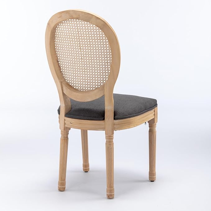 Ball & Cast French Vintage Upholstered Dining Chairs Set of 2, Antique Painting Wooden Kitchen Side-Chairs with Rattan Back & Carved Solid Wood Frame, 2-Piece Curved Backrest Louis Chair, Gray