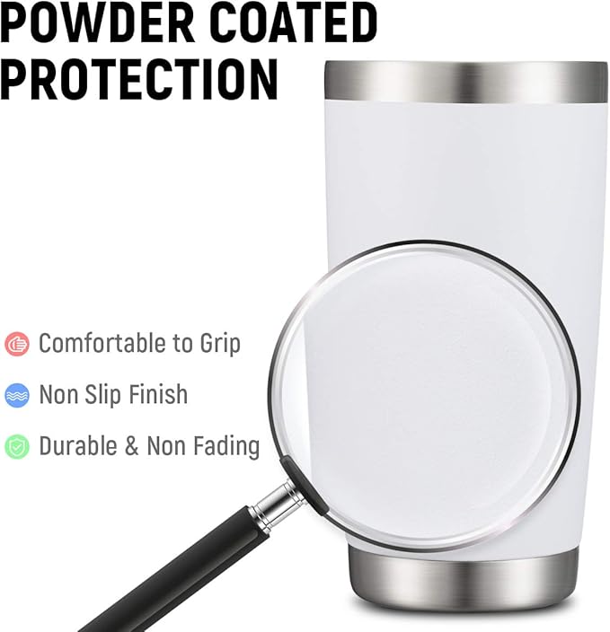 COMOOO 20oz White Tumbler Double Wall Vacuum Insulated Travel Mug Stainless Steel Coffee Mug with Lid and Straw Durable Powder Coated Insulated Coffee Cup for Cold & Hot Drinks (White,12 pack