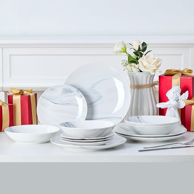 Bestone 12-Piece Round Kitchen Dinnerware Set, Plates, Bowls, Service for 4, Blue and White Marble