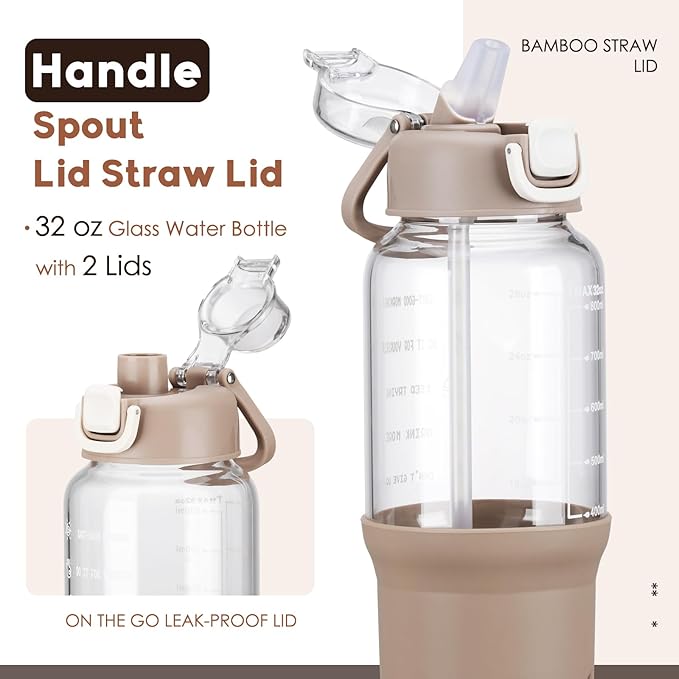 SIEROZUR 32 oz Glass Tumbler with Straw, Glass Water Bottles with 2 Lids-Handle Spout Lid & Straw Lid, 1 Liter Motivational Water Bottles, Silicone Sleeve, Fits Car Cup Holder,Amber