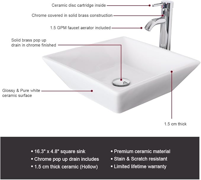 eclife Bathroom Ceramic Sink Bowl Classic White Square Porcelain Vessel Sink and Faucet Combo for Bathroom Countertop Bowl Sink & Chrome Pop Up Drain (A07)
