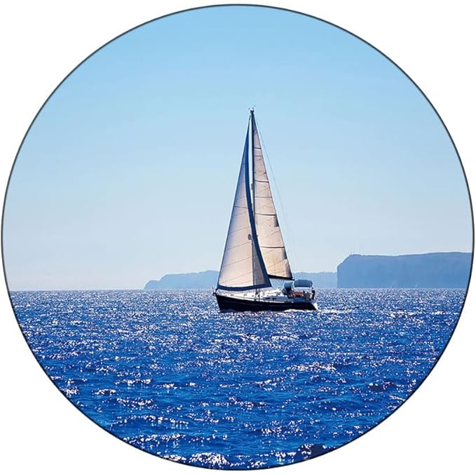 Elastic Tablecloth, Ocean Decorative Fabric Table Cover for, Blue Mediterranean Sailboat Sailing in Round Tables 35inch Diameter, for Restaurant Picnic Indoor and Outdoor Use, Blue