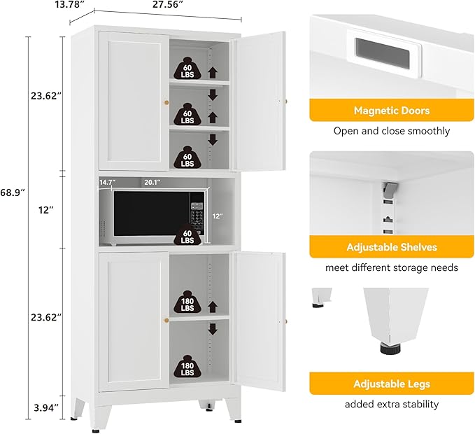 Metal Pantry Storage Cabinet, 69" Tall Storoge Cabinet with 4 Doors & 3 Adjustable Shelves, Microwave Stand with Storage for Kitchen, Dining Room, Living Room (1PC,White)