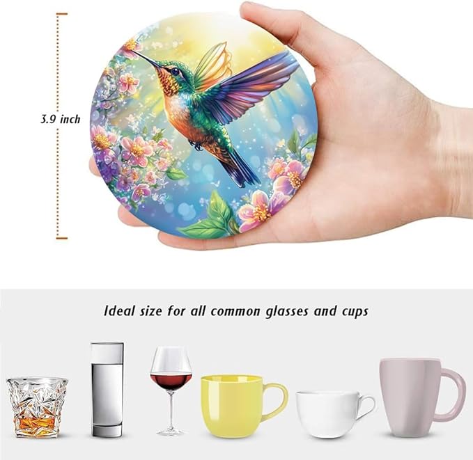 Drink Coasters for Drinks Set of 6, Spring Hummingbird and Floral Blossom Absorbent Round Ceramic Stone Mat Coaster, with Cork Base and Metal Holder, Home Bar Decor House Warming Gift