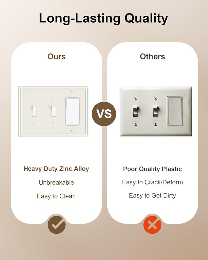 2-Pack Combo Double Toggle/Single Decorator Outlet Cover Plate, Zinc Alloy Decorative Light Almond 4 Gang Switch Plates for Electrical Outlets, Receptacle, GFCI Outlet, Dimmer Switch