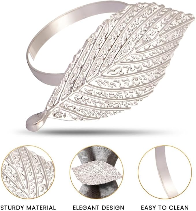 Decozen Set of 4 Silver Napkin Rings in Leaf Design, Festive, Table Decor Setting for Holiday, Wedding, Birthday, Kitchen, Home Decor, Housewarming Gift - Mothers Day Decorations