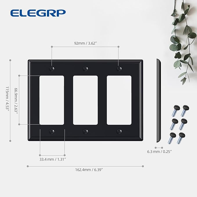 ELEGRP 3-Gang Decorative Wall Plates, Standard Size 4.88" H x 6.75" L Unbreakable Thermoplastic Faceplate Cover for Decorator Receptacle Outlet Switch, UL Listed (10 Pack, Glossy Black)