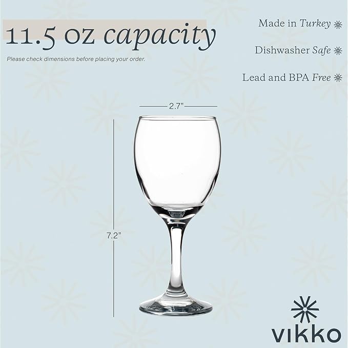 Vikko 11.5 Ounce Wine Glasses, Set of 6 Glasses for Red and White Wine With Stem, Clear Glasses for Wine, Thick and Durable Stemmed Cup