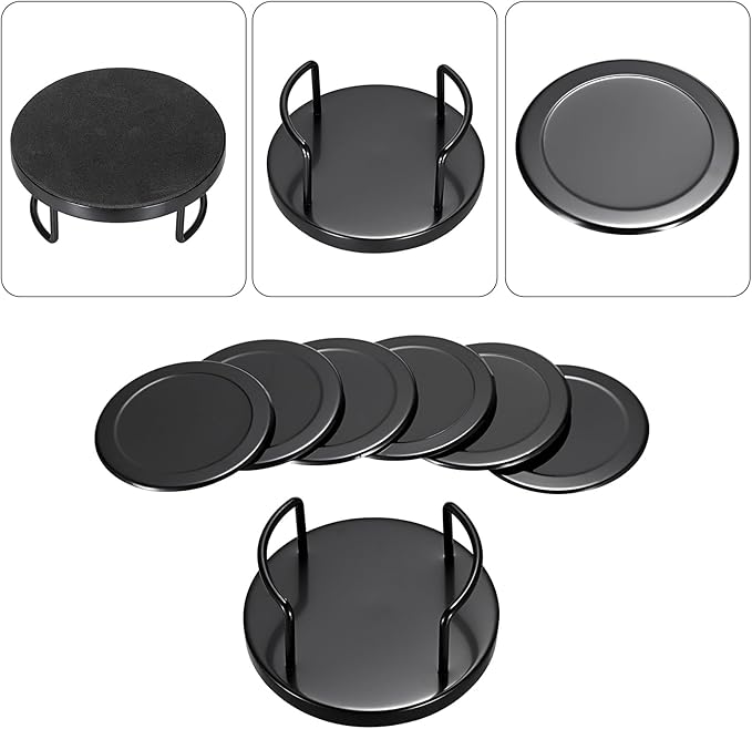 JUXYES Set of 6 Stainless Steel Round Coasters with Holder & Sponge Bottom, Black Metal Cup Coasters Set Stunning Cool Coaster Cups Mats Decor for Restaurant Kitchen bar Dining Table