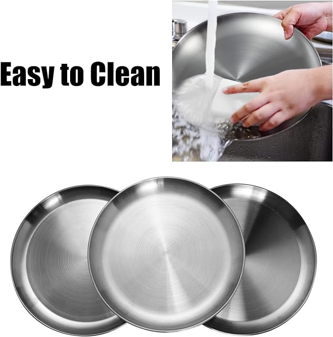 Stainless Steel Plates 9 inch 304 Metal Lightweight Unbreakable Dinner Dishes Plates Set Non-Toxin Dishwasher Safe BPA Free and Healthy (10 Pcs)