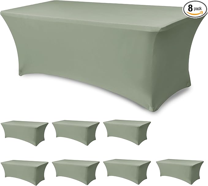 Stretch Table Cover for 6 Foot Rectangle Tables-8 Pack Sage Spandex Fitted Tablecloth-Elastic 6ft Folding Tablecloths for Party, Vendor Booth Display, Banquet Buffet Event, Craft Trade Show