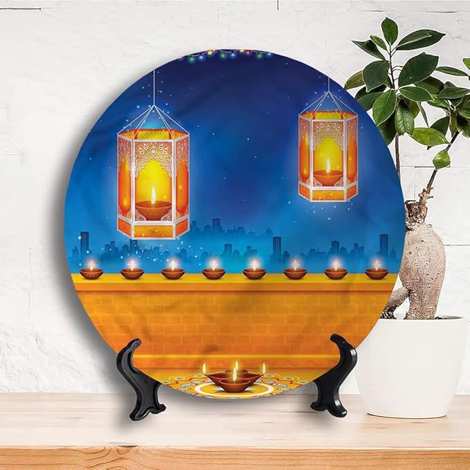 Decorative Plates, Diwali Print Ornament, Diwali Night Candles, 7 Inch, 1 Plate with 1 Display Stand, Multicolor