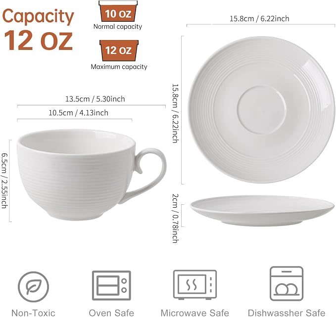 12 oz Cappuccino Cups with Saucers, Ceramic Espresso Coffee Cups Set of 4 - Image 3