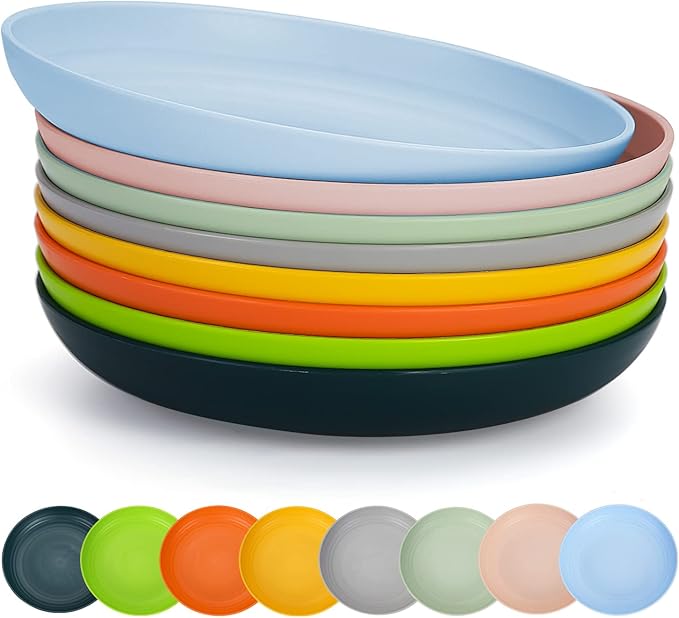 Berglander 9 Inch Plastic Deep Dinner Plates Set of 8 Colors, Reusable and by Berglander