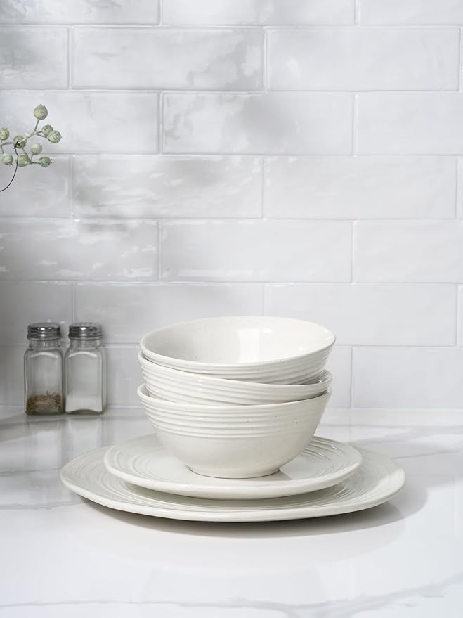 Famiware Plates and Bowls Sets 24-Piece Stoneware Dinnerware Sets, Dishes Set for 8, Speckled Hand-made Reactive Glaze Dish Set, Twilight Series, White