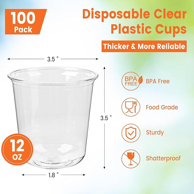100 x Round Bottom Clear Plastic Cups 12 oz | Disposable Cocktail Cups - Image 2