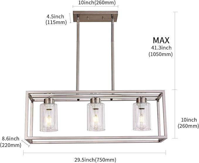 XILICON Dining Room Lighting Fixtures Hanging Farmhouse Brushed Nickel 3 Light Modern Pendant Lighting Contemporary Chandeliers with Glass Shade for Living Dining Room Bedroom Kitchen Island