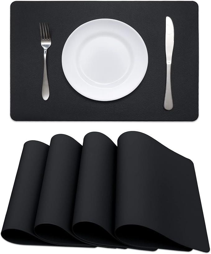 Faux Leather Halloween Placemats HeloHo Black Table Place Mats Set of 4 Waterproof Oilproof Heat Stain Resistant Placemats Washable Wipeable Placemat for Kitchen Dining Table Decoration Indoor Outdoor