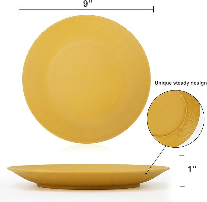 Homienly Flat Dinner Plates Set - 8 Microwave & Dishwasher Safe Wheat Straw Plates, Unbreakable, 9 inch Yellow