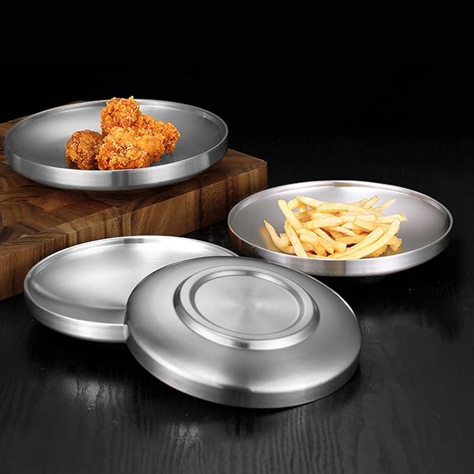 Stainless Steel Plates 6 Pcs Metal Double Layered Dinner Plates Unbreakable Dinner Dishes Set for Kitchen Home Camping Outdoor Party BBQ (7.5 inch)