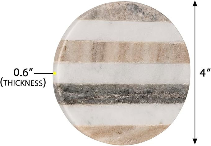 GoCraft Handcrafted Marble Round Coasters with Striped Inlay - Set of 6 White & Grey Marble Coasters for Wine Glasses, Drinks & Beverages, Stylish Barware & Home Decor for Dining & Entertaining