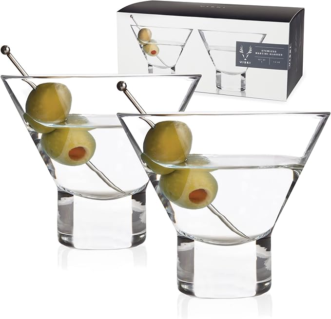 Viski Heavy Base Stemless Martini Glasses Set of 2 - Premium Short Crystal Cocktail Glass Gift Set, 7.5 oz.