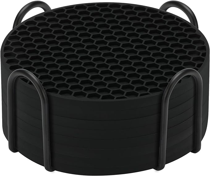 Silicone Coasters Set of 8 with Holder,Coasters for Drinks,Beer,Coffee Coasters,Suitable for Kinds Cups,Hot or Cold,Anti-SLI,Non-Stick,Anti-Overflow Tabletop Protection and Decor (8 Pcs, Black)