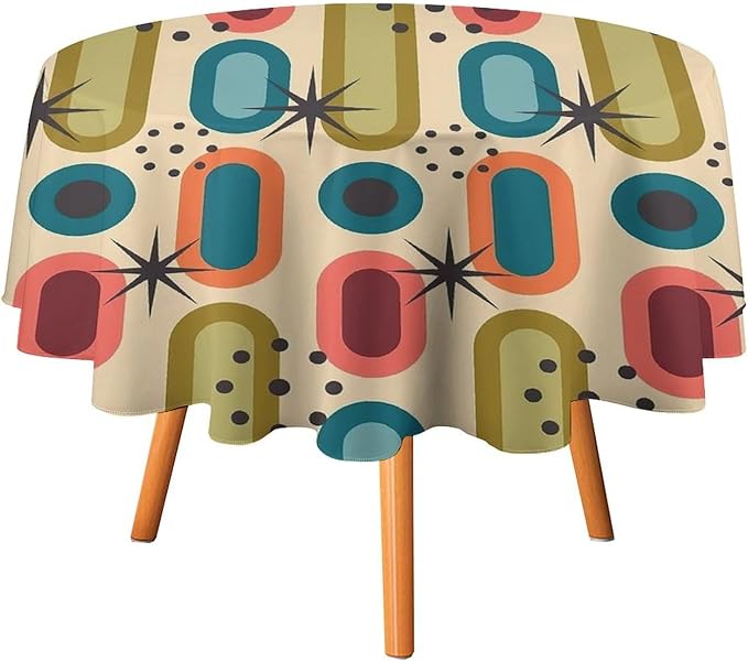 Mid Century Bohemian Round Tablecloth, Modern Medieval Geometric Abstract Print Tablecloth for Home Party Dining Room Kitchen Decor 60Inch(152cm)