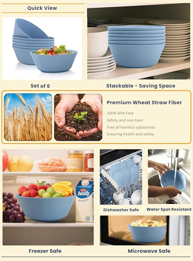 Homienly Wheat Straw Bowls 36 Oz Set of 6 - Unbreakable Microwave Safe Soup Bowls & Cereal Bowl, Reusable Plastic Bowls for Kitchen, Dining, Camping, Party, Dishwasher Safe Ramen Bowl (Sky Blue)