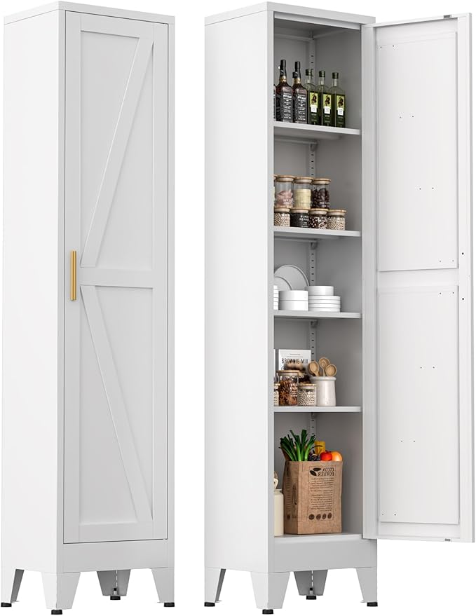 Narrow Metal Cabinet with 4 Adjustable Shelves and Barn Doors,Tall Bathroom Storage Cabinet, Metal Pantry Organizer for Kitchen,Home Office, Dining Room,White