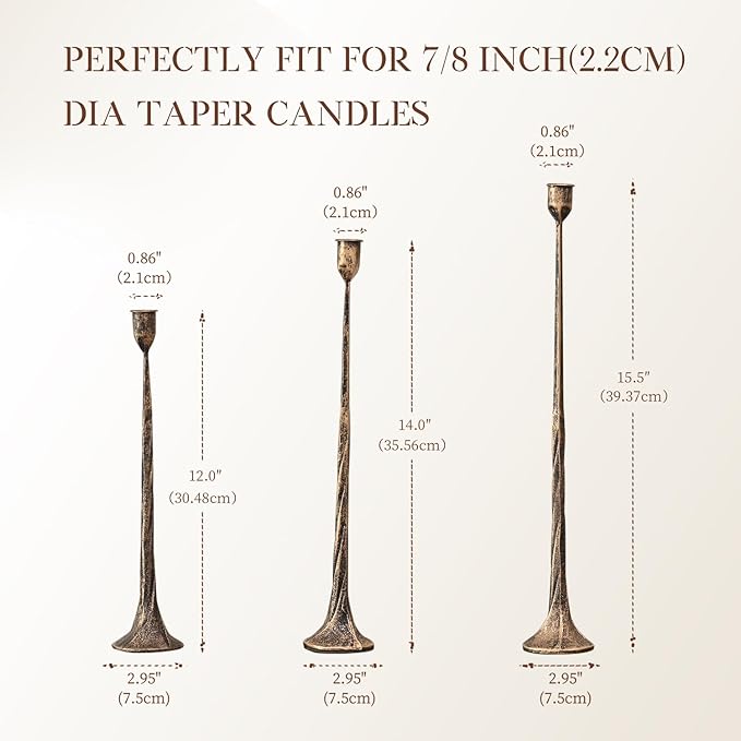Set of 3 Candle Stick Holders, Iron Antique Gold Candlestick Holders, Fits 3/4 inch Thick Candles, Tapered Candle Holders Tall Set for Dining Table, Wedding, Home Decoration