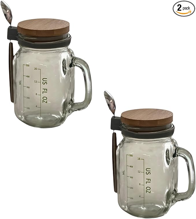 Kaya Commodities Modern Minimalist Overnight Oats Jars (2 Pack, 16 oz, BPA Free, Glass & Bamboo, Leakproof, Microwave & Freezer Safe)