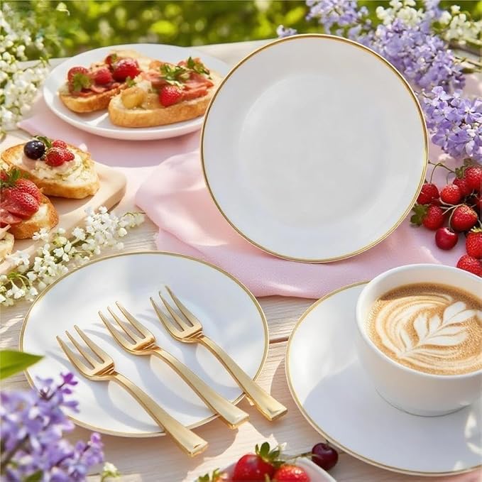 Festiva 400Pcs Gold Dessert Plates 6.3" with Forks 5"- 200PCS Small Disposable Dessert/Cake/Appetizer Plates and 200PCS Forks - Serve 200 Guests for Birthday Party& Wedding &Valentine's Day