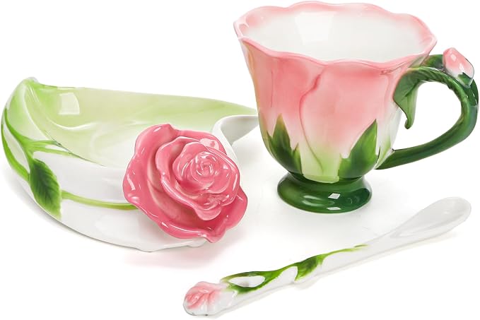 Cididu Pink Tea Cups with Saucer and Spoon, 4.5 Oz Small Ceramic Rose Flower - Image 3