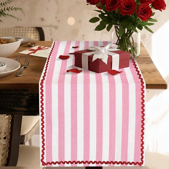 Folkulture Fall Table Runner 72 Inches Long | Pink & White Vertical Striped | by FOLKULTURE