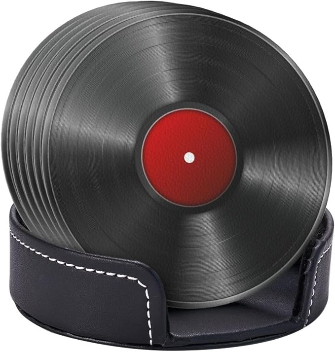 Drink Coasters with Holder Stand Set of 6, Phonograph Record Vinyl Pu Leather - Image 2
