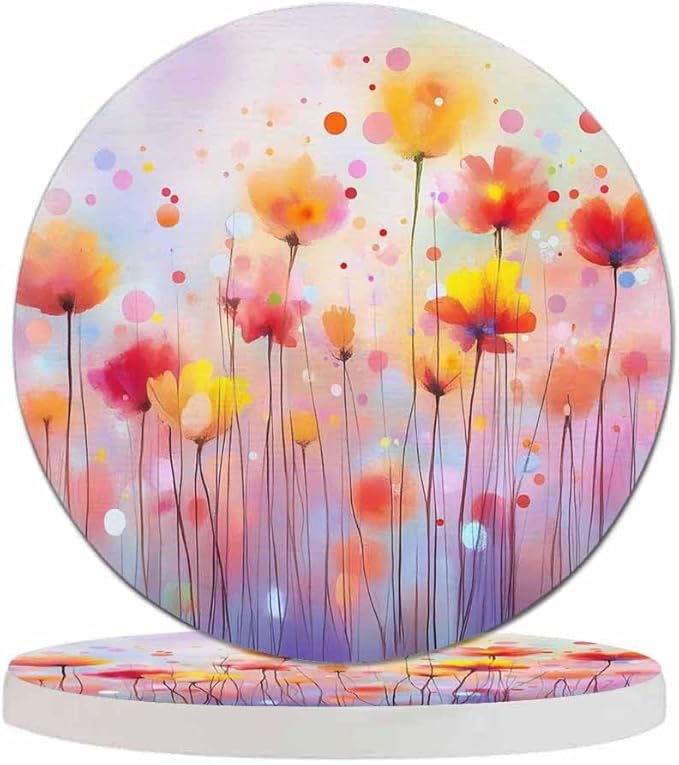 Watercolor Floral Coasters for Drinks Office Coffee Table Spring Flowers Soft Color Purple Pink Poppy Bloom Living Room Decor Set of 2 for Cold Drinks Wine Mugs and Cups 4 Inch
