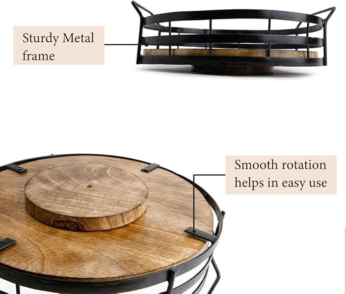 Lazy Susan Turntable Organizer with Handle, Cabinet Pantry Kitchen Countertop - Spinning Spice Rack - Large Round Serving Tray - Made Wood and Sturdy Iron Bars