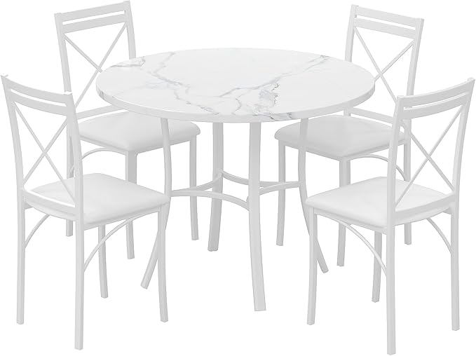 VECELO 5 Piece Dining Table Set for 4, Faux Marble Dinette with Chairs for Kitchen, Breakfast Nook, Small Space, Off White